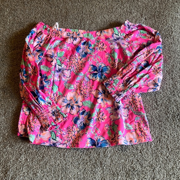 Lilly Pulitzer Tops - Lilly Pulitzer top womens small blue pink Lessa Off-The-Shoulder Top coastal
